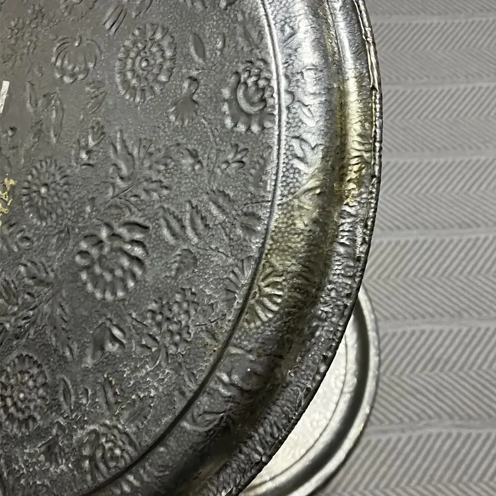 Textured Tea Tin Round Platter Tray Silver Tone 13in Vintage Floral Relief